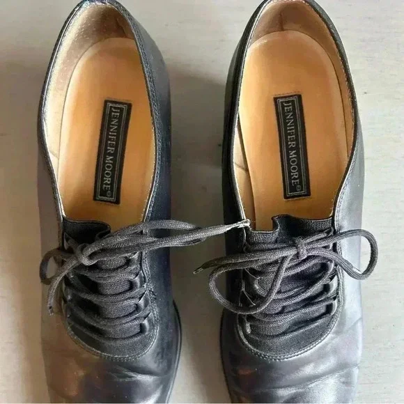 Jennifer Moore Leather Pointed Toe Lace Up Black Block Heels Women Size 9 Brazil - Picture 5 of 14